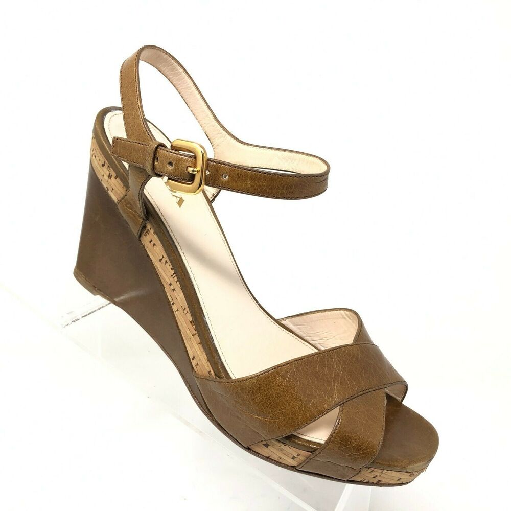 Prada Brown Leather Cork Wedge Sandals